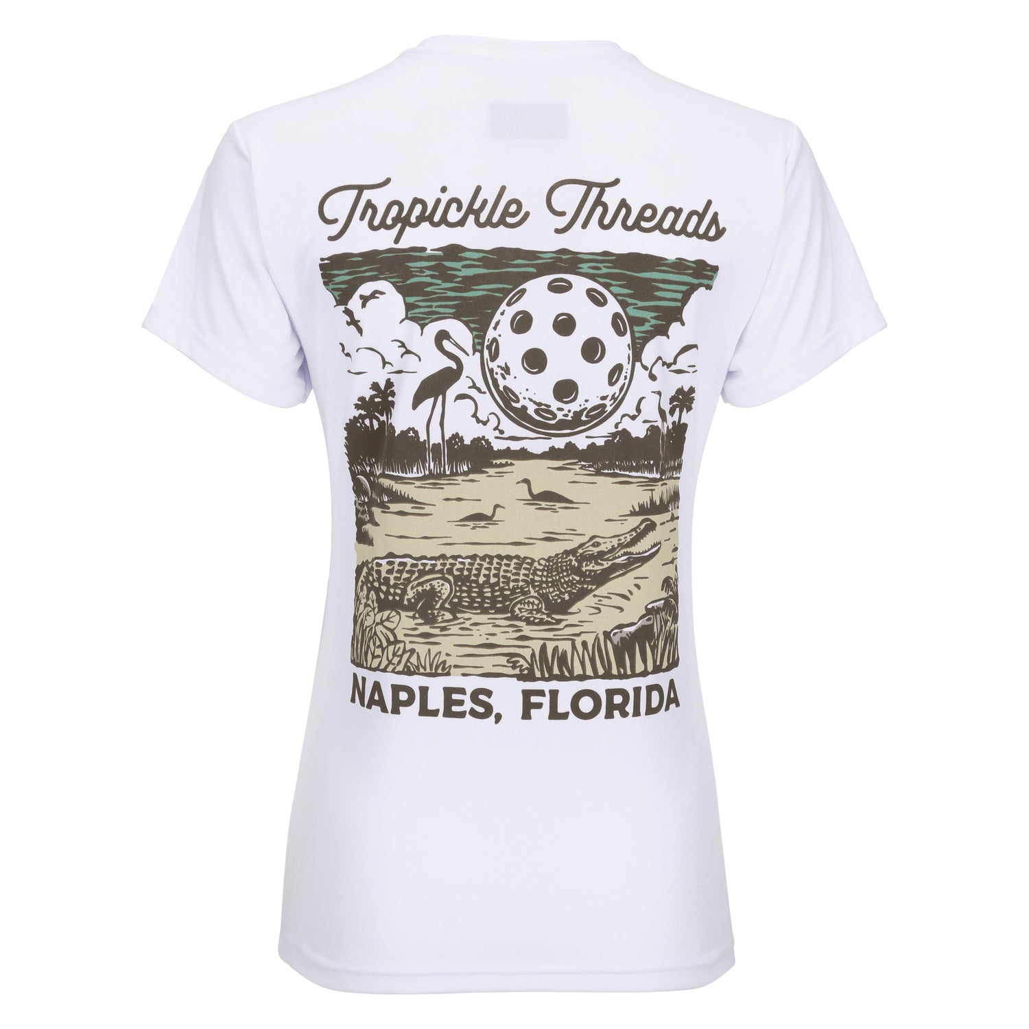 Introducing our latest creation: the Gator Women's Pickleball T-shirt. With its unique design featuring a gator under a full moon made of a giant Pickleball, this shirt adds Florida charm to your game. Crafted and printed in Naples, it blends style and performance seamlessly. Discover this exclusive addition to our collection of shirts, hats, and sportswear perfect for tournaments and everyday attire.